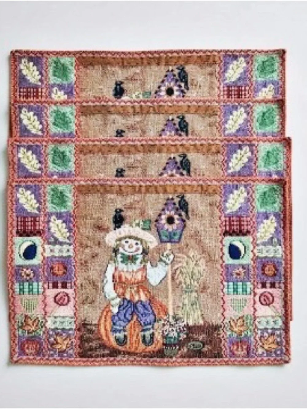 Vintage Fall Scarecrow Tapestry Placemats Set of 4 Woven Pumpkin Harvest Decor